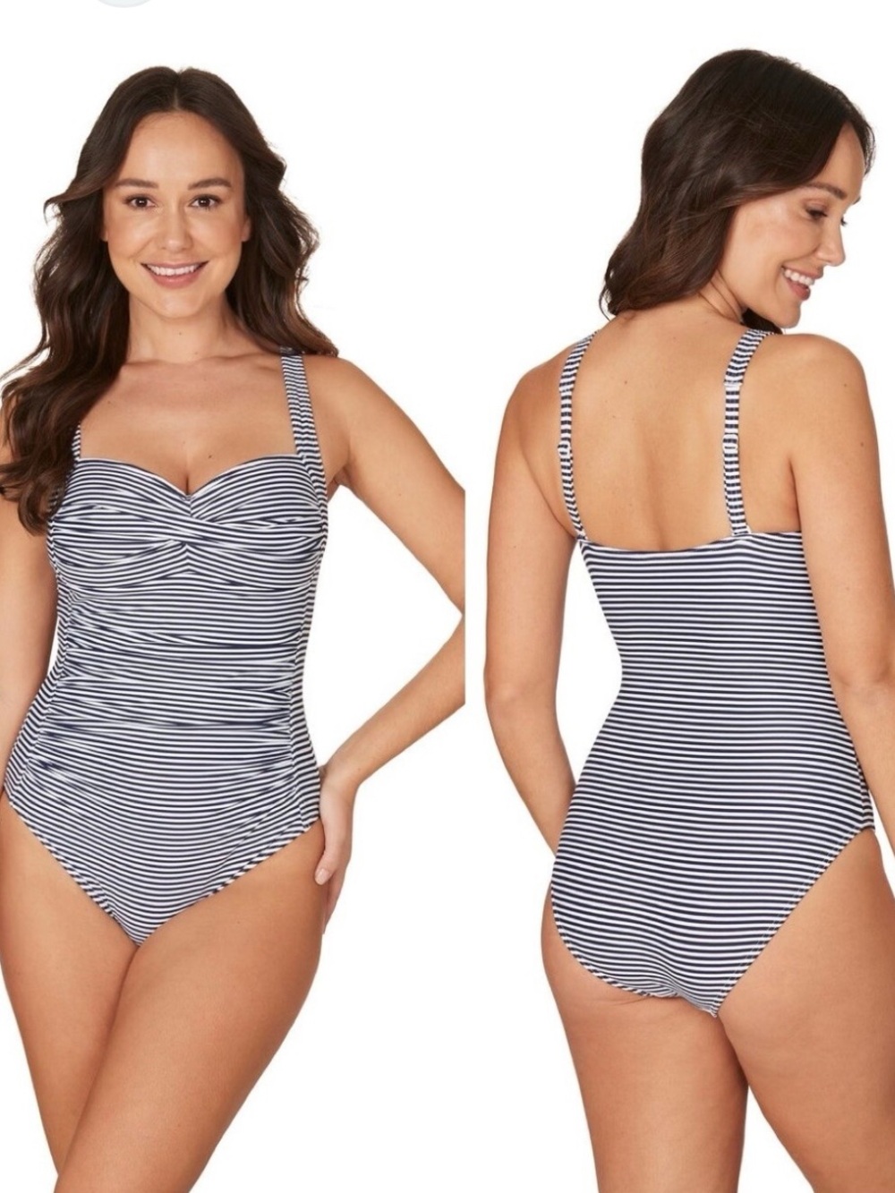 Navy and White Striped One-Piece Swimsuit - Classic Twist Front